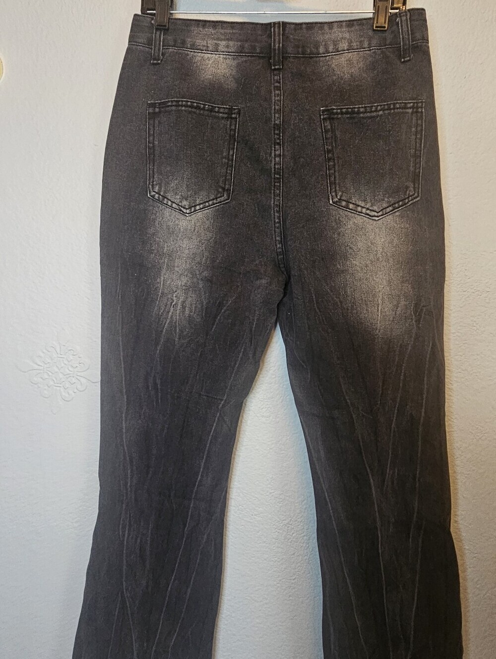 Washed Black Jeans Faded Whisker Detail Y2K Bootcut Flare Denim - Picture 6 of 7